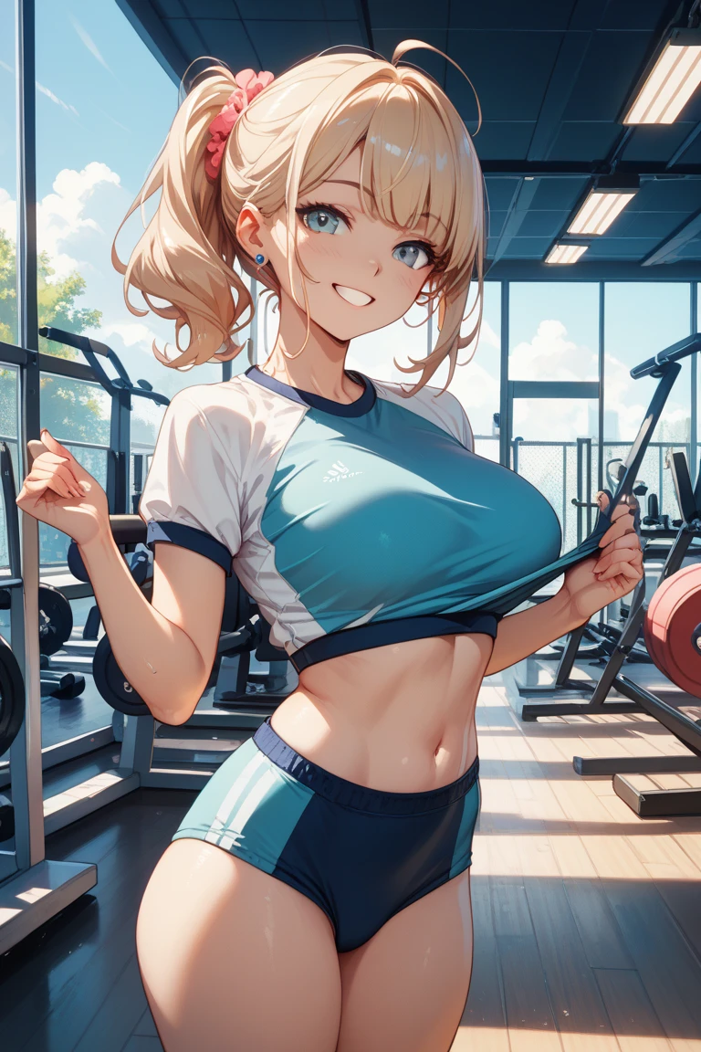 ((One girl)), masterpiece,Highest quality,High resolution、、cute、Sweat、Gym short、blue bra、No sleeve、Tight fit、Sportswear、smile、medium perfect breasts、Outdoor, trained muscles belly, trained muscles
abs, young, thin,