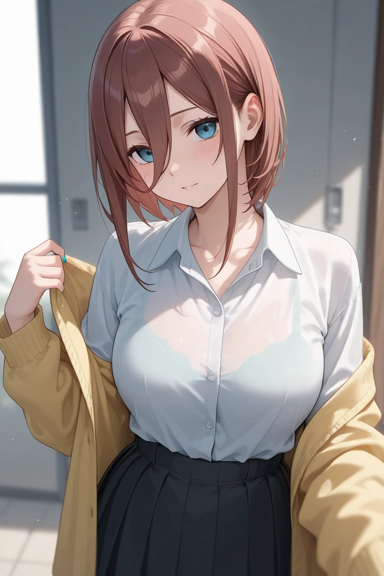 1girl, solo, masterpiece, best quality, high res, highly detailed, illustration, beatiful detailed eyes, yuigahama yui, single hair bun, glossy lips, light makeup, standing, t-shirt, (fishnet), collarbone,