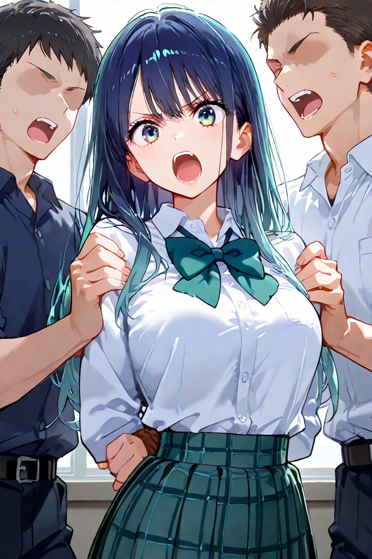 (throw_hand, pink vibrator remote switch in throw_hand, throw:1.2), Highest quality, Super detailed, masterpiece, Ultra-high resolution, 8k, Ridiculous, Cowboy Shooting, Blurred, One girl, Embarrassing, blush, Lovely, , With tears in her eyes and her mouth open, What saliva leaves behind, Wet skirt hem, Not wearing pants, Bulging of the vibrator cord, Vibrator with Garters, Subway car interior background, In a crowded group of women,Squirting、Ahegao、Ecstasy face,Black Hair、Maid clothes