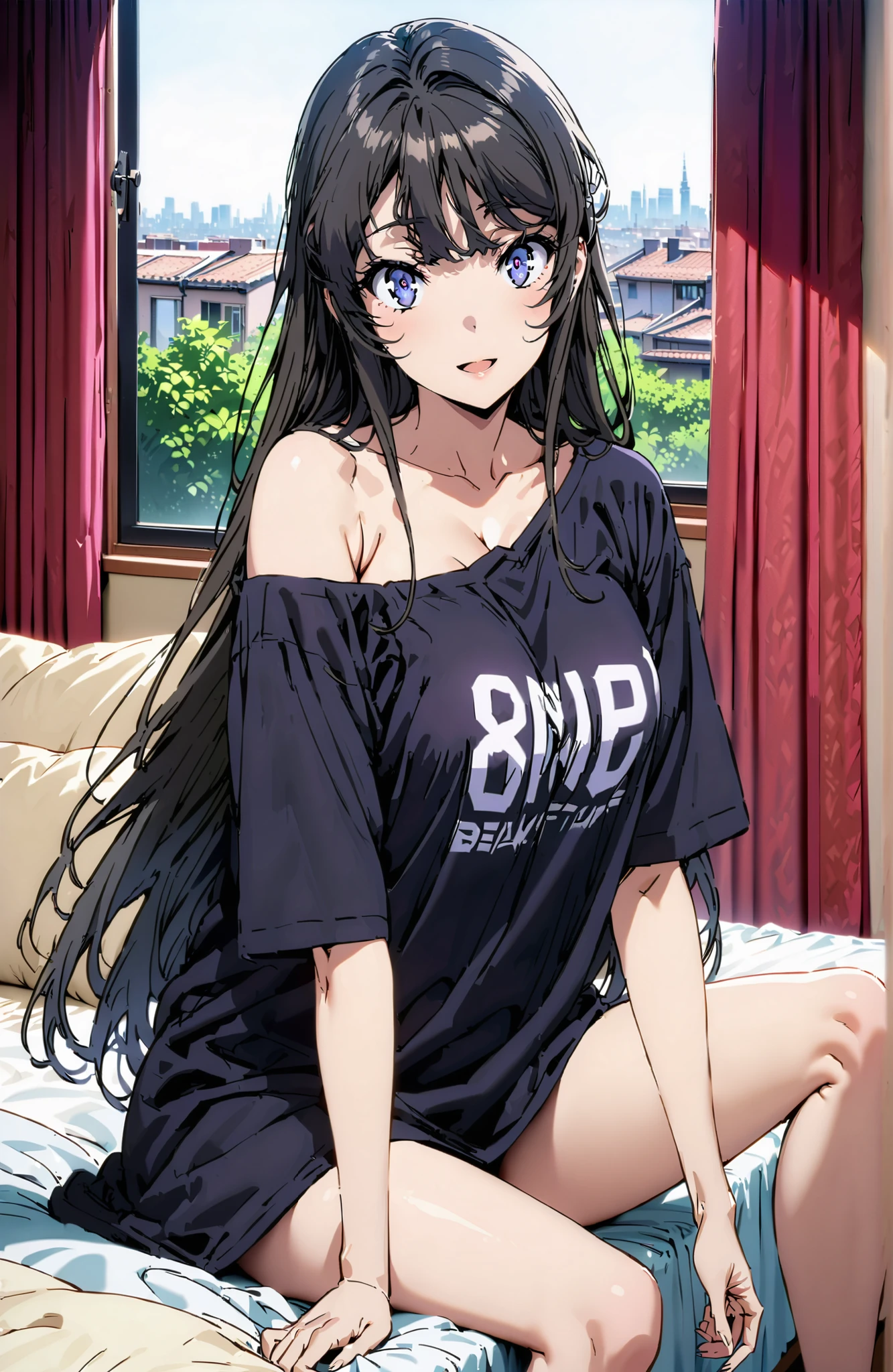 score_9, score_8_up, score_7_up, source_anime,
household, Mai Sakurajima, long hair, Bang, black hair, purple eye,Big Breasts,cleavage,oversized t-shirt,black string panties, one shoulder,sits on a bed,smile,cover,open your mouth,narrows her eyes,Bare legs,morning,decor,curtains,window, Beautiful Streetscapes,break indoors, bedroom,
break looking at viewer,full body,
break (masterpiece:1.2), BEST QUALITY, high resolution, Unity 8Kの壁紙, ( illustration :0.8), (beautiful detailed eyes:1.6), very detailed face, perfect lighting, highly detailed CG, (perfect hand, Perfect Anatomy),