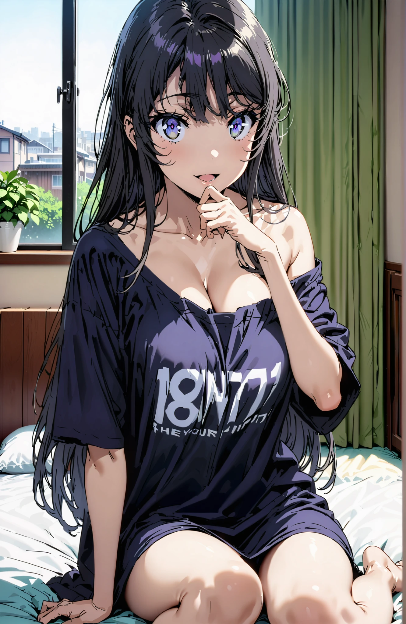 score_9, score_8_up, score_7_up, source_anime,
household, Mai Sakurajima, long hair, Bang, black hair, purple eye,Big Breasts,cleavage,oversized t-shirt,black string panties, one shoulder,sits on a bed,smile,cover,open your mouth,narrows her eyes,Bare legs,morning,decor,curtains,window, Beautiful Streetscapes,break indoors, bedroom,
break looking at viewer,full body,
break (masterpiece:1.2), BEST QUALITY, high resolution, Unity 8Kの壁紙, ( illustration :0.8), (beautiful detailed eyes:1.6), very detailed face, perfect lighting, highly detailed CG, (perfect hand, Perfect Anatomy),