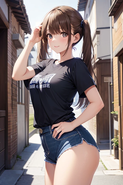 anegasaki nene、Shiny brown hair, (Beautiful brown eyes、Sparkling eyes, Fine grain)、smile、Ultra-detailed eyes、Highly detailed face, Highly detailed eyes,
masterpiece、High resolution、High resolution、((High twintails anime))、((Wear crop tops and shorts)), Brown eyes, Hands on hips, , smile, street, evaluation_Safety