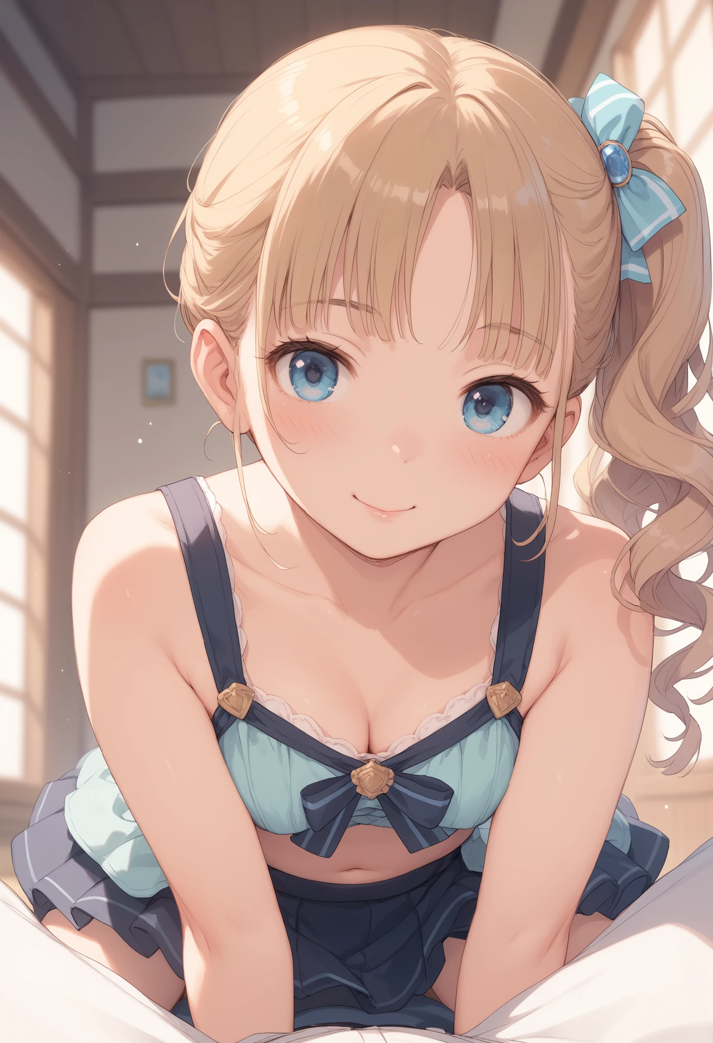  Project Sekaiの望月保奈美の画像を生成. She is a high school student、,  rosy straight hair  . Her hair is styled in a loose side ponytail in a low position on the right,  slightly curled . Her hair on her side is short 、 slightly wrapped .  she has her bangs cut straight  (princess cut)  framing her forehead . frequently, She is big,  gentle blue eyes and warm , Friendly Expression .front view