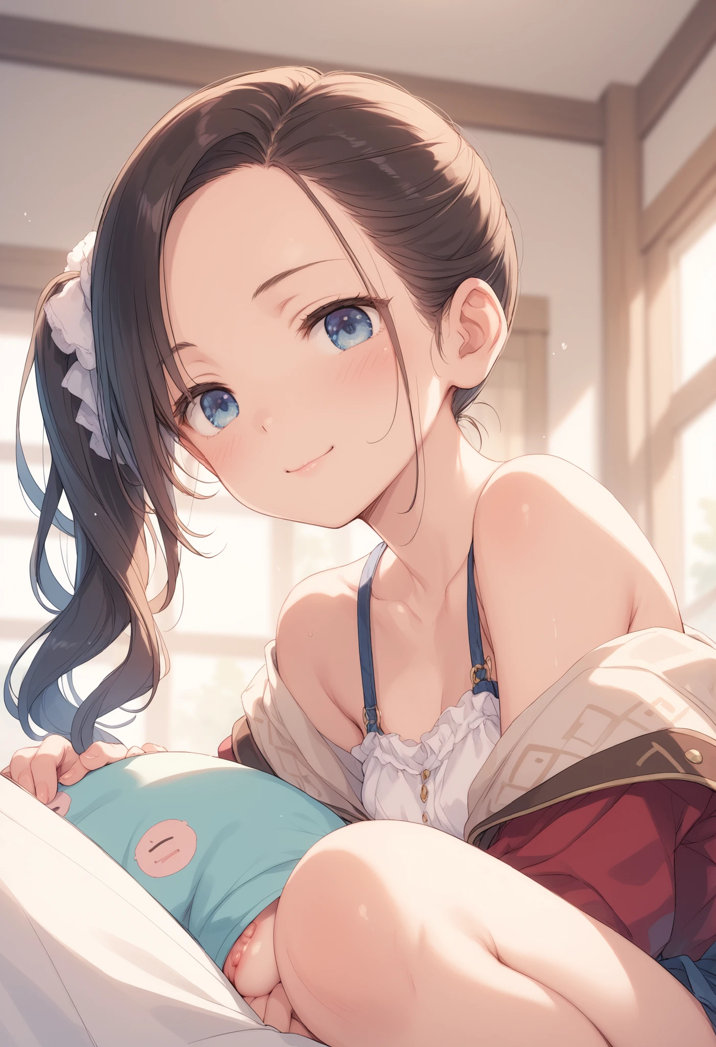 Project Sekaiの望月保奈美の画像を生成. She is a high school student、, rosy straight hair . Her hair is styled in a loose side ponytail in a low position on the right, slightly curled . Her hair on her side is short 、 slightly wrapped . she has her bangs cut straight (princess cut) framing her forehead . frequently, She is big, gentle blue eyes and warm , Friendly Expression .front view