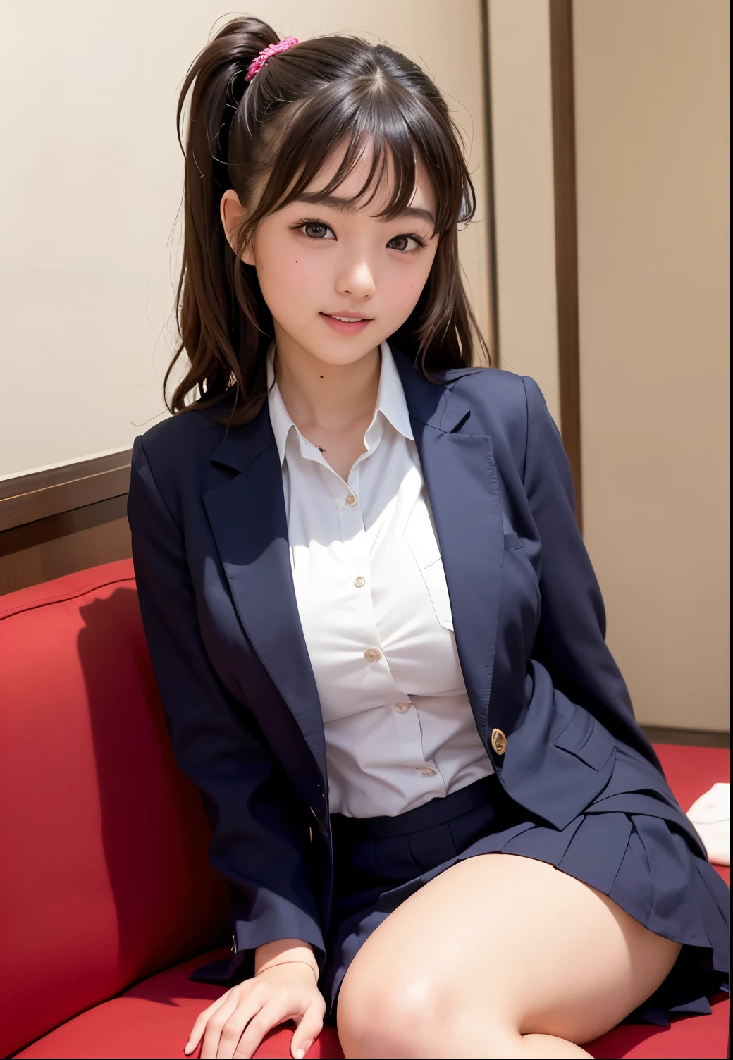 (Raw photo:1.2, Photorealsitic:1.4), Beautiful detailed girl, Highly detailed black eyes, A Japanese Lady, cute little:1.5,Ridiculous, Incredibly ridiculous,18year old ,Stylish , (hight resolution, Very detailed, Best Quality, masutepiece), Healthy body, ((Japanese girls' high school uniform)),springtime , Bruises,(perfect anatomia,Beautiful limbs), A sexy.Silence,Idol , amazing, Colossal tits:1.4, masutepiece, Best Quality,Gravure photography , Light on Face, Cinematic lighting, 1girl in,Professional filming, ((artistic)), ((Dynamic Pose))), (pantyhose), (knee-bending leg sitting))、