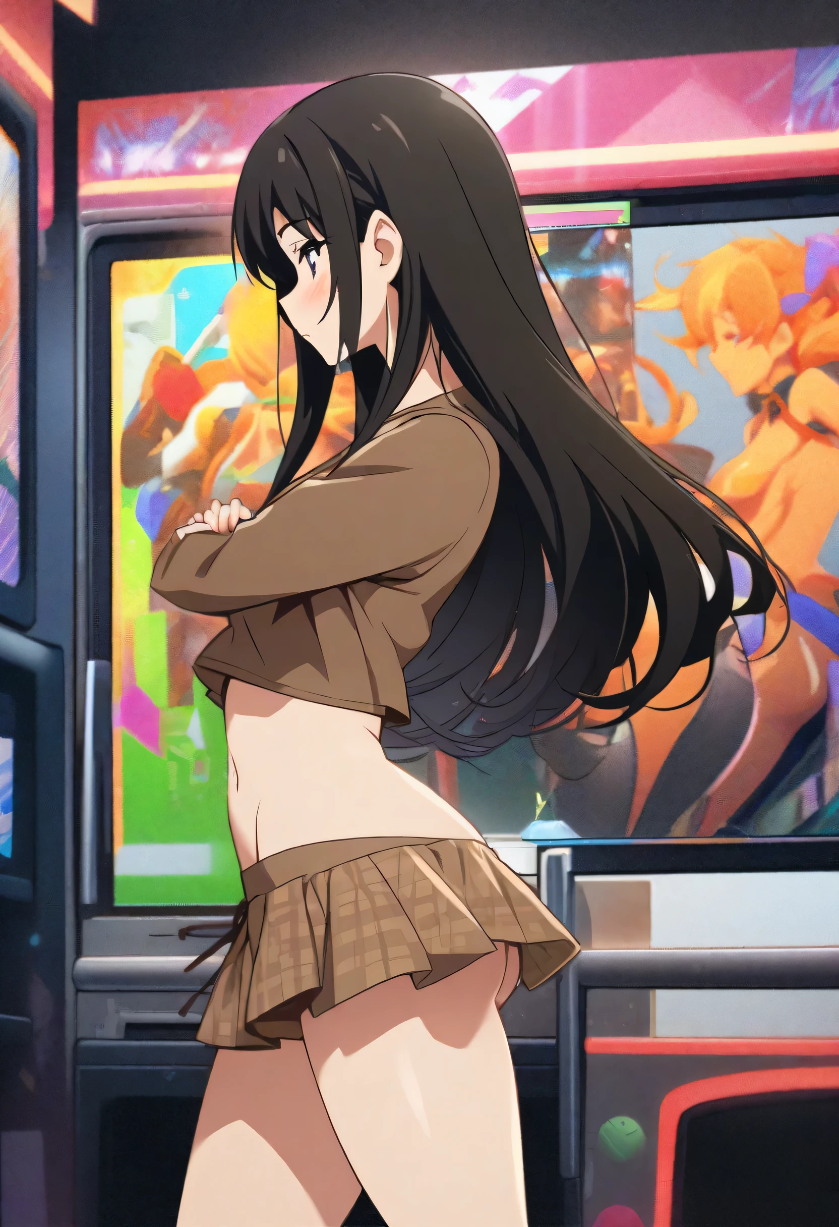 masterpiece, best quality, ultra detailed, 1girl, cute, microphone, realistic, underwear, (panties:1.5), Idol, standing, looking at viewer, (looking back:1.3), ( from behind:1.4), on stage, indoor, in public, (flat chest:1.3), straight hair, (two side up:1.2), blue eyes, smile, solo, Idol dress, holding microphone, upskirt, cowboy shot
,,kukuri,,braid,brown hair,brown eyes,black robe