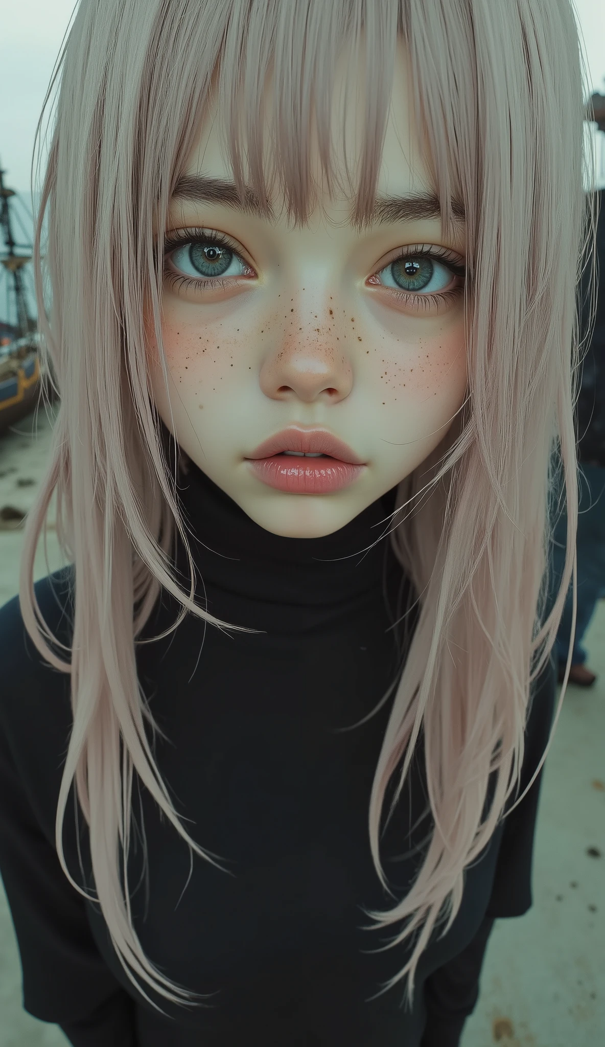 Close up of a woman with light pink blond hair and pink lips,very thick and big lips、Empty eyes 、 Glossy Digital Paintings , shiny skin, Inspired by Chen Yangjun, Ultra-realistic digital painting, Lois Van Rothdrow , Loish and wlop, Ilya Kubushinoff's Face , Urop Rosdro, detailed realistic painting , I can see pirate ships on the ocean horizon, 8K resolution digital painting