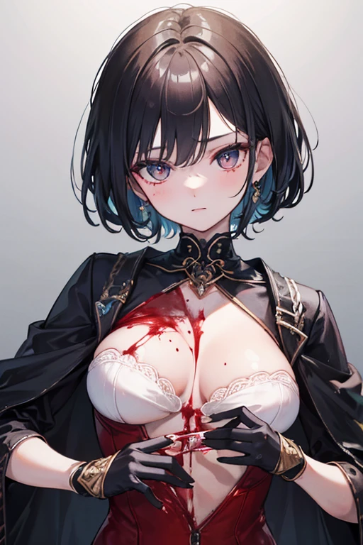 accused, breast focus, intense angle, full-body shot, 1girl, red eyes, Ultra-thin black gauze tight uniform, disgust, (((bobcut))), Interlocking earring piercing, Hemispherical breasts, medium breast, nipple tassel, nipple bulge, (Southern Hemisphere:1.8), Naked trench, clavicle, turnred face, POV, UHD, anatomically correct, masterpiece, best quality, highres, 8k, super detail