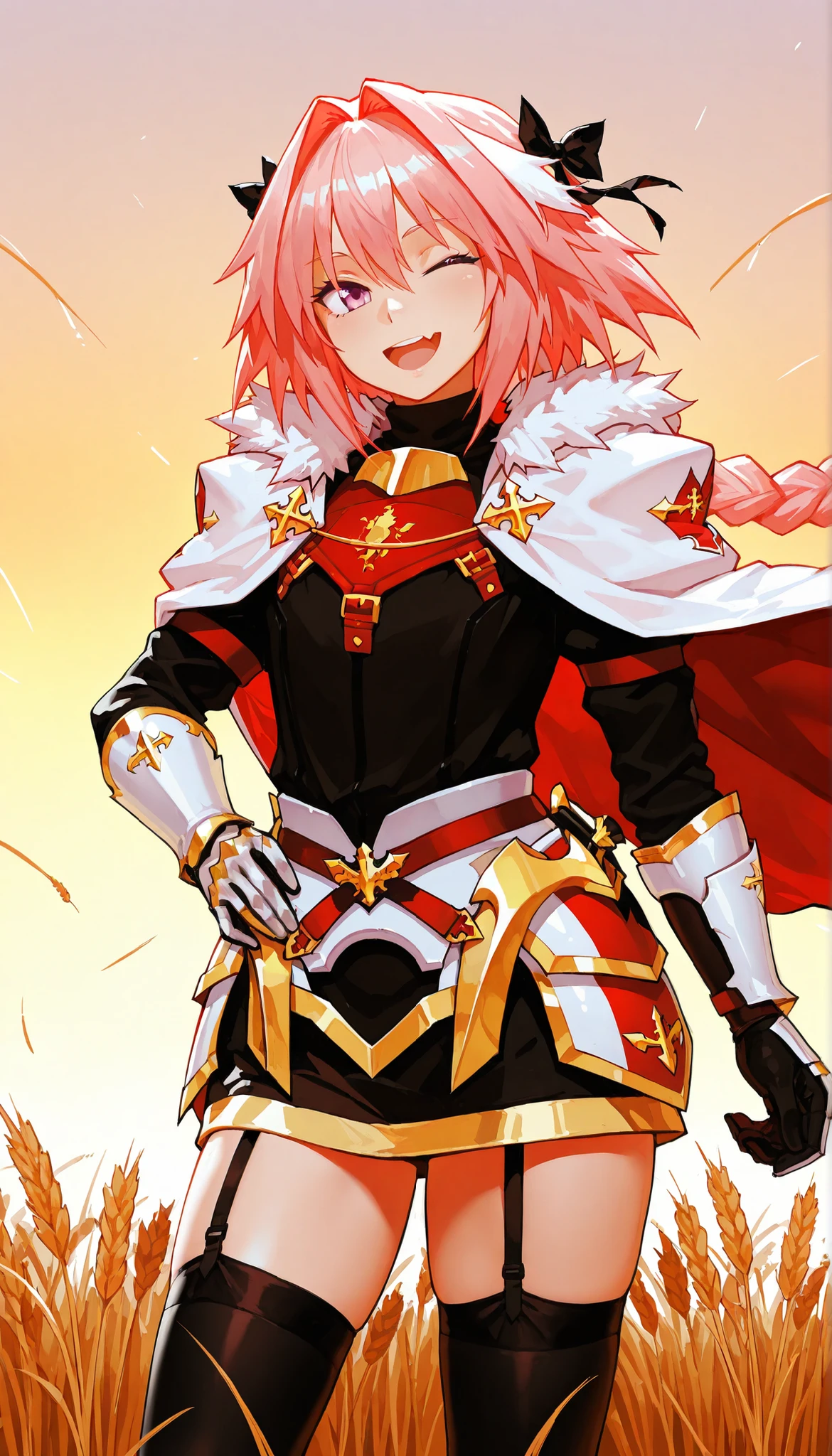 best quality, masterpiece, perfect anatomy, 1boy, astrider, black polo neck, fur trim, cape, hair bow, garter straps, gauntlets, black shirt, black thighhighs, armored dress, sunset wheat field background, (winking:1.3), (((Astolfo)))