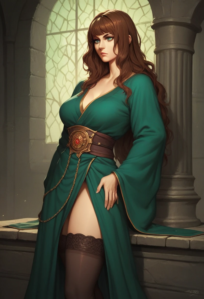 Beautiful sorceress milf 50 years old firm body perfect breasts face would be blushing black robe tiara gold bracelet drawn dark fantasy style wavy orange hair