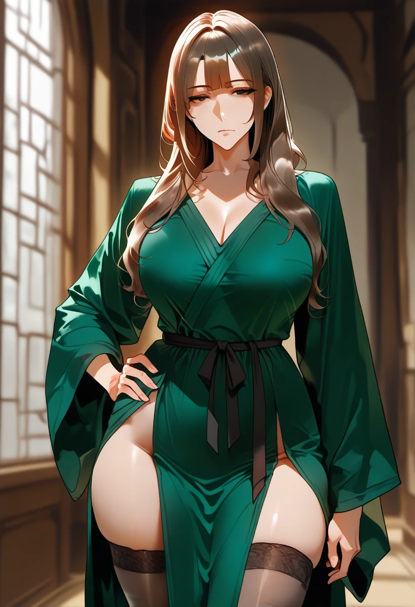 ((Mega art, ultra detailed)), Big ass, medium legs, thin waist, long legs, very big breasts, cute woman, straight brown hair with bangs, strong blush, green kimono with exposed thighs and breasts