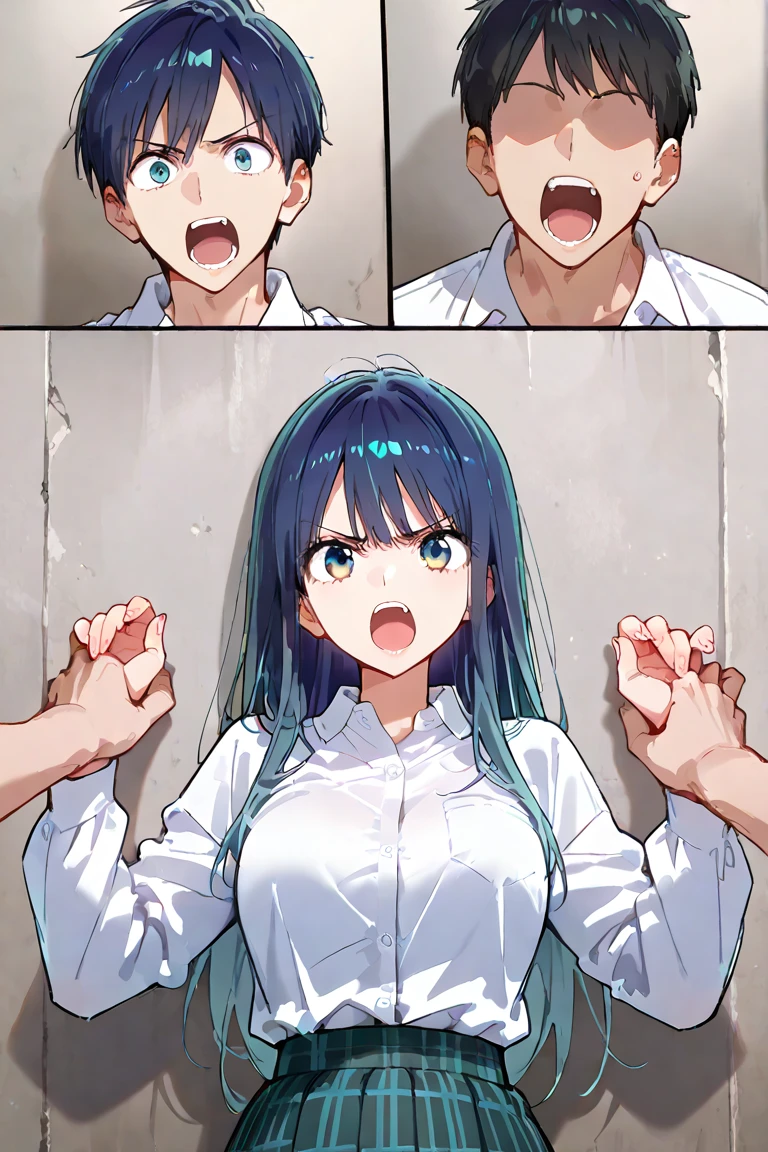 1 Girl, beautiful girl, alone, Mid-length hair, Light blue hair, (Crying in surprise,Open your mouth:1.6), (Eyes wide open, View your viewers:1.4), (hoodie :1.4), Crazy smiling eyes, bright, comics, Big Breasts