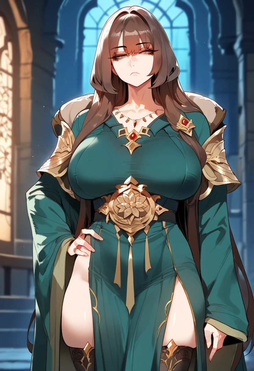Lian, light brown hair, hair stick, bangs, green eyes, solo, smiling, standing, upper body, hips, bare shoulders,purple thighhighs, light blue dress, gold jewelry,armor,gloves,circlet, cleavage, red and gold royal castle, gigantic breasts, (best quality, masterpiece, beautiful and aesthetic:1.2, highest detailed face, perfect face,) eyes, perfect face,expressive eyes,
looking at viewer, in the center of the image,(Upper_body),(Focus on her face),
official art,extremely detailed CG unity 8k wallpaper, perfect lighting,Colorful, Bright_Front_face_Lighting,shiny skin,
(masterpiece:1.0),(best_quality:1.0), ultra high res,4K,ultra-detailed