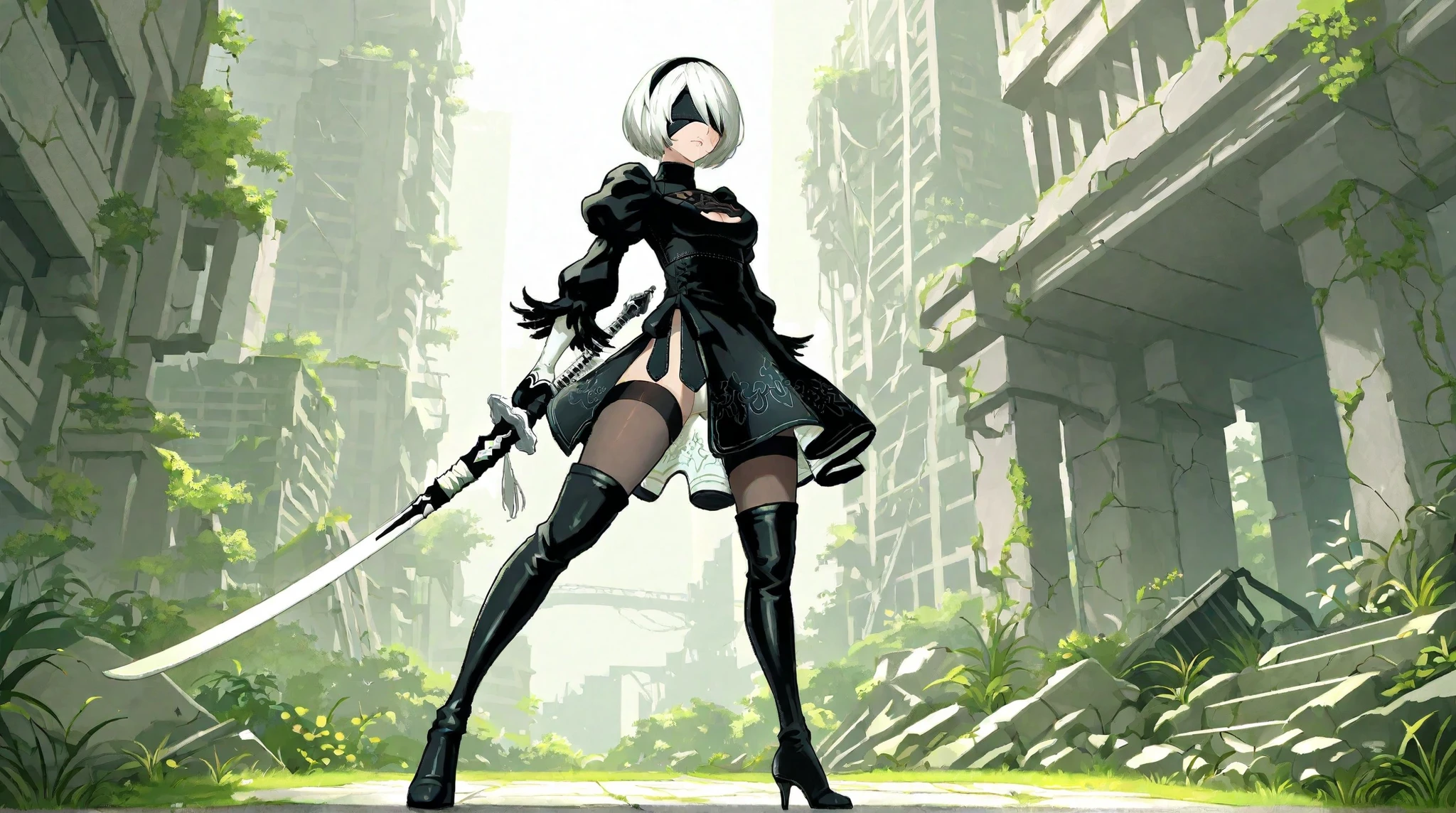 highly detailed illustration of 2B from NieR: Automata, in her original outfit: black gothic dress with white embroidery, high-necked collar, tight corset, short open back skirt, sheer black tights, thigh-high heeled boots, long black gloves with lace, white hair with black tips, side part bob cut, wearing her iconic black blindfold. She is standing in a dynamic pose, holding her white spear (Virtuous Treaty) with both hands behind her lower back in a calm but powerful stance, legs apart slightly. She has a serious expression. Elegant futuristic ruins background, soft atmospheric lighting, full body in frame, ultra high resolution, clean composition, no distractions.
