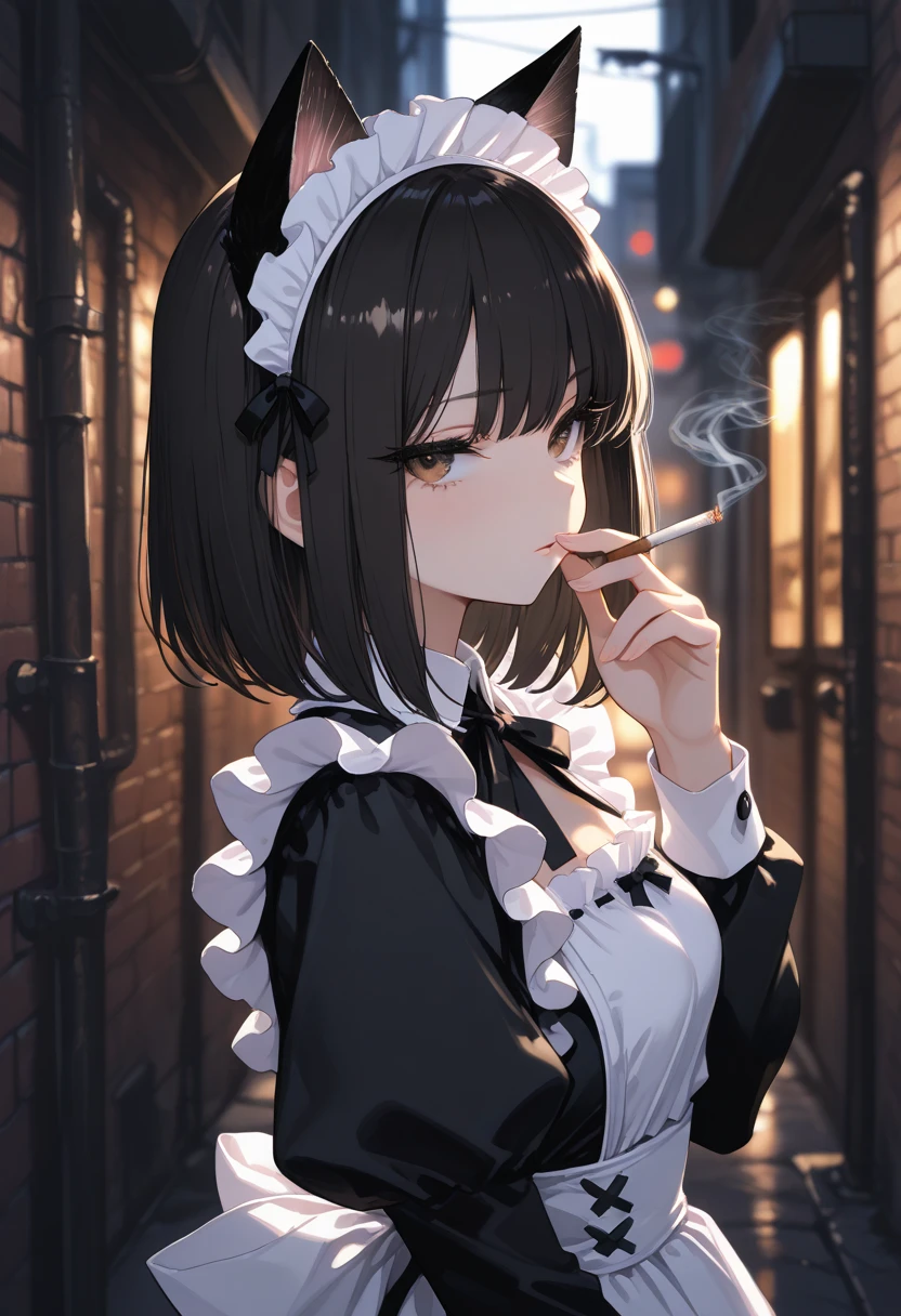 ((The highest masterpiece, the highest quality,, Super detailed, girl、NSFW)),(drink alcohol)、10 years old、, Small and cute:1.5, black hair、hairpin、medium hair、Black 、embarrassing、blush、cinematic angle、bar、anger、angry look、,smoking cigarette