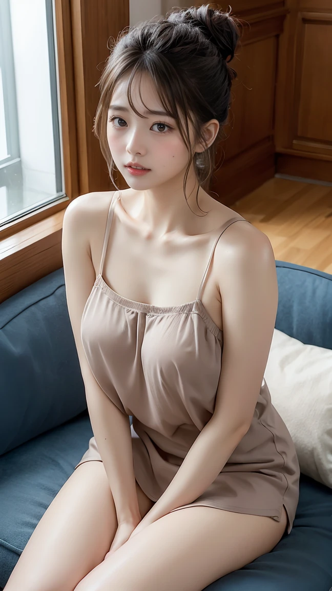 Cute 21 years old Japan、Bedrooms、Sleeping in bed、Super Detail Face、Eye of Detail、double eyelid、beautiful thin nose、sharp focus:1.2、prety woman:1.4、(light brown hair,short-haired、),fair white skin、top-quality、masterpiece、超A high resolution、(Photorealsitic:1.4)、very detailed and professional lighting、closing eye、exclamation、full body Esbian、Overall、s Pajamas、teats、Open both legs、Pussy、