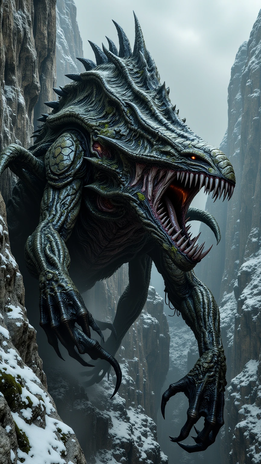 A massive fantasy mountain-dwelling beast known as the Thornmaw, resembling a fusion of salamander and armored lizard, covered in jagged rocky plates with moss and frost patches, massive jaws capable of swallowing a horse-drawn cart whole, camouflaged against the cliff face, four clawed limbs adapted for vertical climbing, glowing amber eyes peeking from stony crevices, perched on a crag high in the mountains, wind and snow swirling around it, dark fantasy creature design, ultra-detailed textures, dramatic cinematic lighting, non-humanoid
