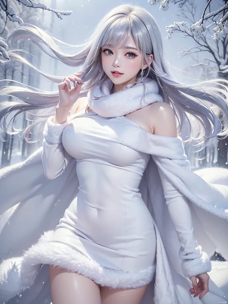 masterpiece、Highest quality、1 girl, winter, white hair, Cute girl, smile, close mouse, medium breasts, off shoulder, cleavage, white dress, winter clothes, Fur coat、Small waist、Thin legs、outdoors, snow falling, in the forest and 湖