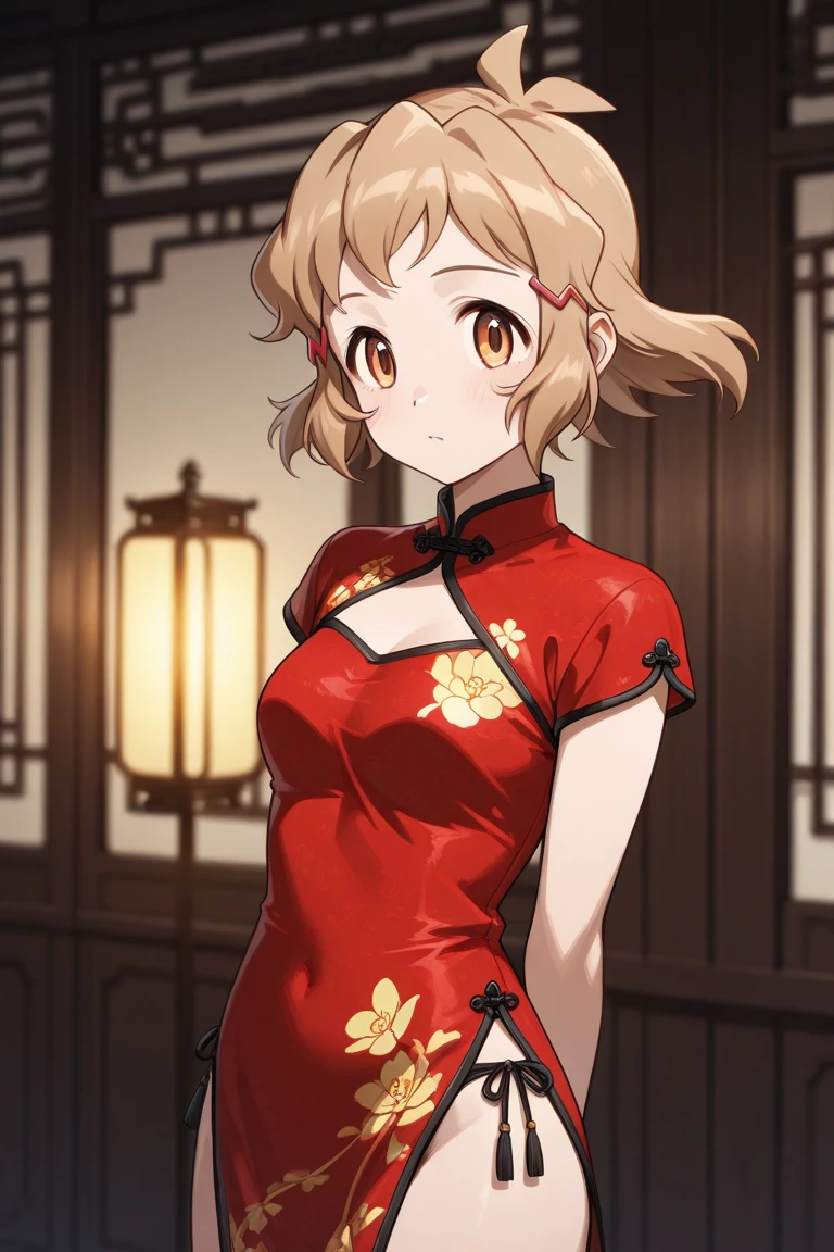 (hyper extreme detailed),(masterpeace),(hyper extreme),(photorealistic),CG,(colour:1.1), beautiful lighting,light from the front,solo,1girl, full body, <lora:yuusaki_riko:1>,yuusaki_riko,orenge hair,short hair,messy hair,yellow eyes, China Dress