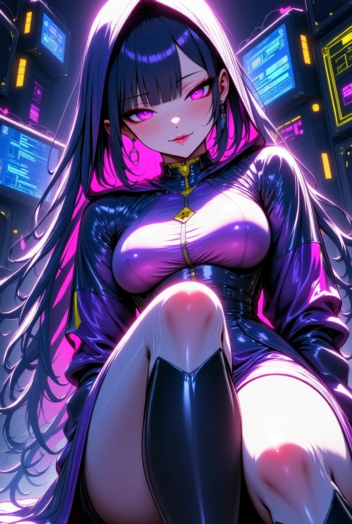 24 year old araffe dressed in a black dress and black stockings sitting on a wooden floor, gorgeous maid, cosplay of a catboy! maid! dress, the anime female is crouching, anime girl in a maid costume, anime female cosplay, maid outfit, school girl in gothic dress, gothic maiden anime girl, loli in dress, thigh highs and skirt  Anime girl with long black hair and purple eyes in black costume, anime style 4 k, Cyberpunk Anime Girl, female cyberpunk anime girl, jet black haired cyberpunk girl, Cyberpunk anime girl mecha, Digital Cyberpunk Anime Art, 4k anime wallpaper, anime art wallpaper 4k, anime art wallpaper 4k, anime wallpaper 4k, anime wallpaper 4 k, 24 years old. She looks mature.
