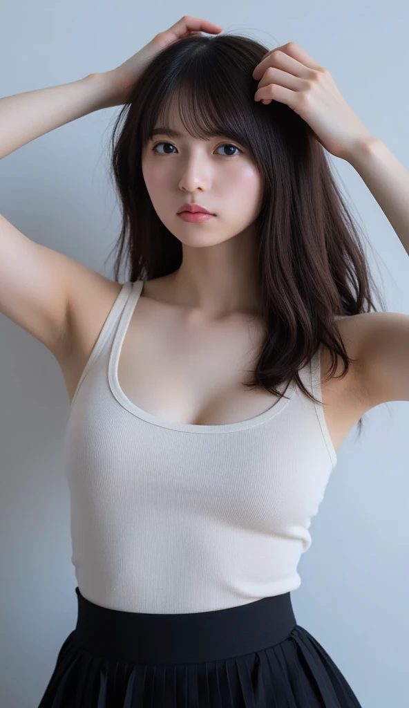 (Ultra Real), (Illustration), (High Resolution), (8K), (Very Detailed), (Best Illustration), (Beautiful Detailed Eyes), (Best Quality), (Ultra Detailed), (Masterpiece), (Wallpaper), (Detailed Face), Drenched, Sweaty, Up Upper Body,Under the Armpits,Short Hair,Solo Girl In Simple White Tank Top, Japan Persons, Huge, (?????????)