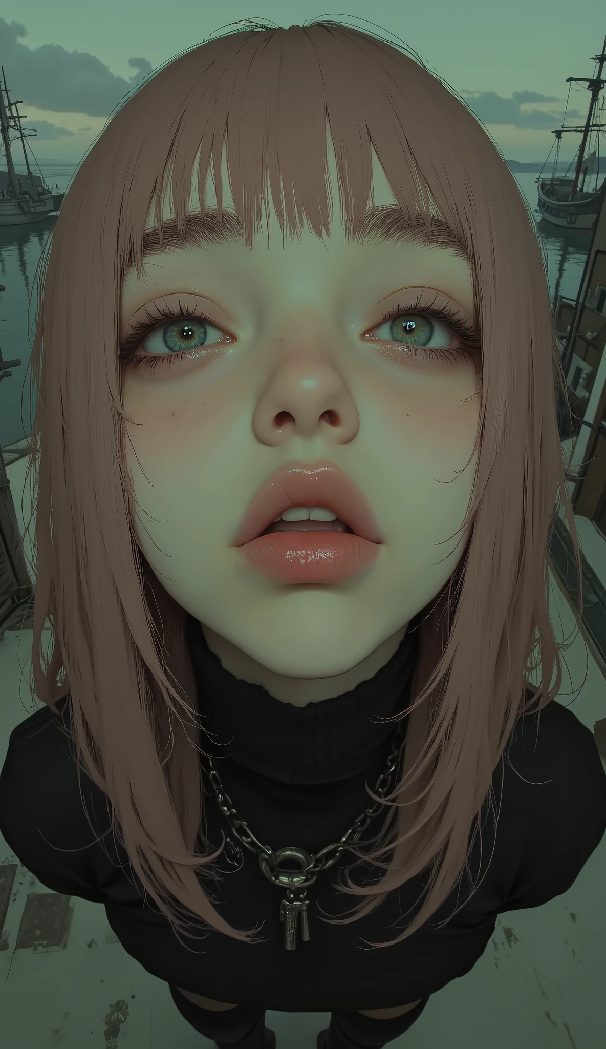 shot with a fisheye lens、Super close up of a woman with light pink blond hair and pink lips, eyebrows of the same color as hair 、very thick, big pink lips、 glossy lips 、Empty eyes 、Slightly open eyes、 Looking Down、sad expression asking for something、 Glossy Digital Paintings , shiny skin,Alluring、sexy、 Inspired by Chen Yangjun, Ultra-realistic digital painting, Lois Van Rothdrow , Loish and wlop, Ilya Kubushinoff's Face , Urop Rosdro, detailed realistic painting , I can see pirate ships on the ocean horizon, 8K resolution digital painting