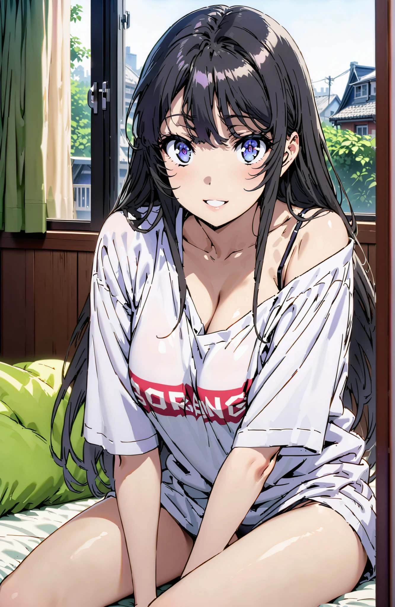 score_9, score_8_up, score_7_up, source_anime,
household, Mai Sakurajima, long hair, Bang, black hair,  purple eye,Big Breasts,cleavage,oversized t-shirt,black string panties, one shoulder,sits on a bed,smile,cover,open your mouth,narrows her eyes,Bare legs,morning,decor,curtains,window, Beautiful Streetscapes,break indoors, bedroom,
break looking at viewer,full body,
break (masterpiece:1.2), BEST QUALITY, high resolution, Unity 8Kの壁紙, ( illustration :0.8), (beautiful detailed eyes:1.6), very detailed face, perfect lighting, highly detailed CG, (perfect hand, Perfect Anatomy),