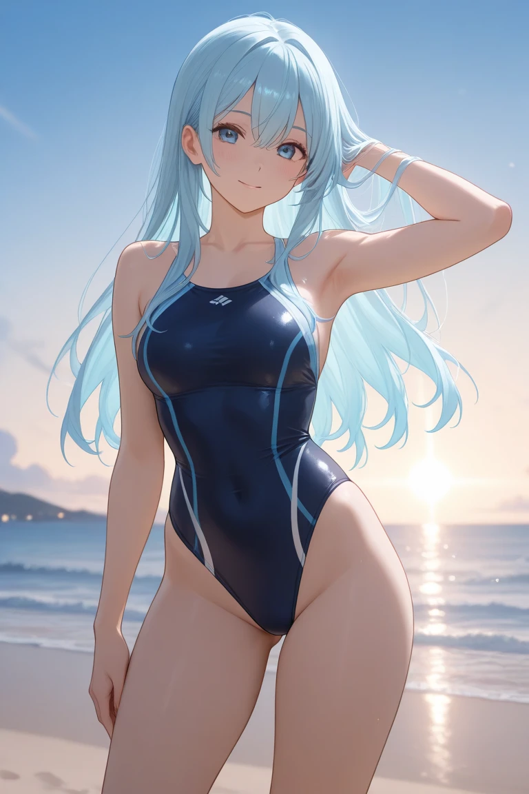 highest quality、Realistic、girl、zoom、Light blue eyes、Long Hair、Light blue swimsuit、Tanned black body、A well-trained body、muscle、Abdominal muscles、AthleteBlondeBlackSkin、slender、Sweat、Arms crossed、Ocean、Bust Shot