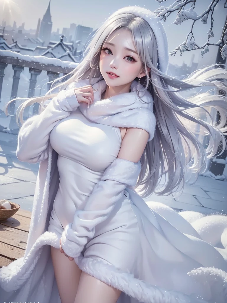 masterpiece、Highest quality、1 girl, winter, platinum blonde hair, Cute girl, smile, close mouse, medium breasts, sideboob, cleavage, white dress, winter clothes, long skirt, Fur coat、Small waist、Thin legs、outdoors, snow falling