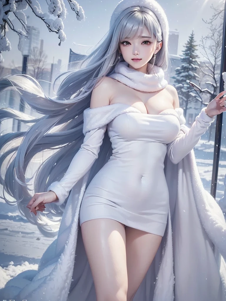 ((masterpiece:1.5、8k、Portraiture、フォトリアリスティックでVery detailedなCG、Very detailed、Particle Effects、Dynamic Effects、Shallow depth of field、Cinematic Light、Lens flare、Ray Tracing、Tabletop、Realistic:1.4、Ultra-high resolution:1.2、Realistic、Realistic))((alone、,A woman wearing a cashmere coat over an off-the-shoulder dress:1.4、Elegant woman posing、Detailed face、bright表情、young, bright, Whiter skin、Ample breasts、Best Looks、Ultimate beauty、Shiny silver hair with highlights、bright and shiny hair,、Super long, Silky straight hair、Hair dancing in the wind))(morning、The setting is outdoors in the snow、Surrounded by illuminations)Wear warm clothes
