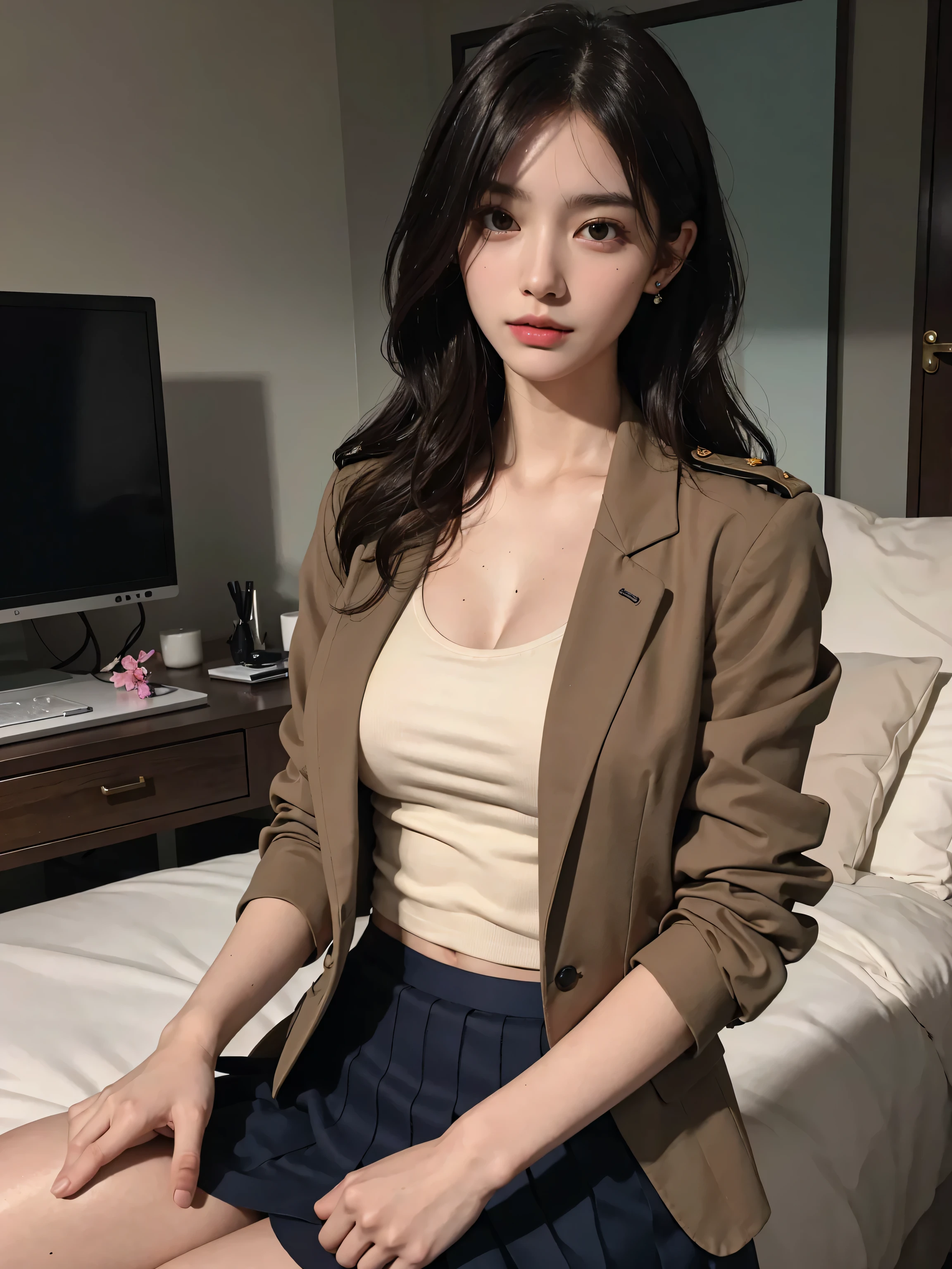 absurdres, RAW photo, extremely delicate and beautiful, masterpiece, Best Quality, ultra high resolution, 16k, hyperrealistic, ultra-detailed, perfect anatomy, super Detailed skin, perfect figure, Very detailed CG 8k wallpaper, in her 20s, very Slim body, narrow waist, very small head, very small face, delicate facial features, tearful mole, earring, thin legs, (very huge round breasts), full body shot, short hair, (wavy hair), (light brown hair), (wet clothes), ((school uniform)), (blazer), train, (from below),