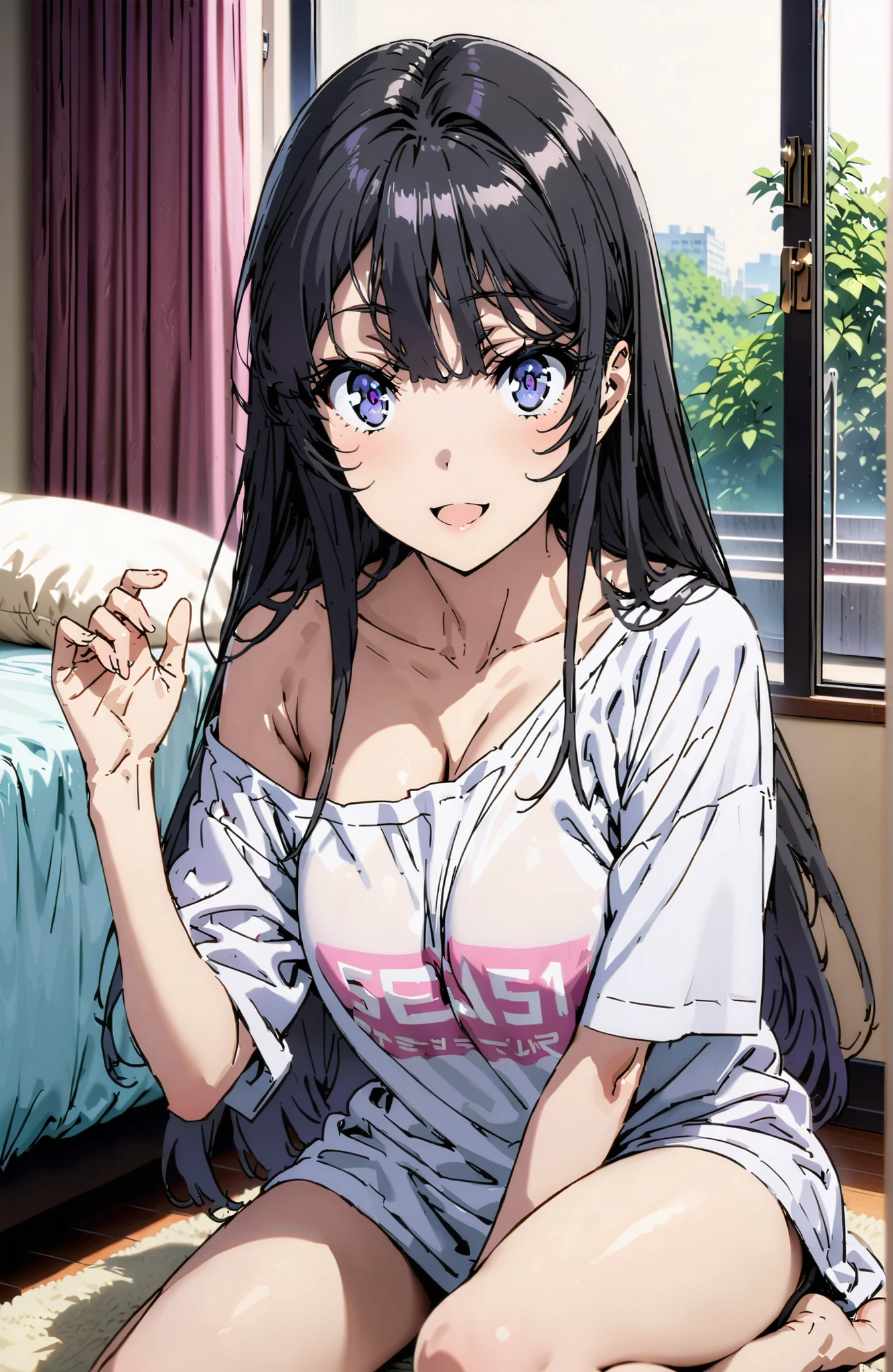 score_9, score_8_up, score_7_up, source_anime,
household, Mai Sakurajima, long hair, Bang, black hair, purple eye,Big Breasts,cleavage,oversized t-shirt,black string panties, one shoulder,sits on a bed,smile,cover,open your mouth,narrows her eyes,Bare legs,morning,decor,curtains,window, Beautiful Streetscapes,break indoors, bedroom,
break looking at viewer,full body,
break (masterpiece:1.2), BEST QUALITY, high resolution, Unity 8Kの壁紙, ( illustration :0.8), (beautiful detailed eyes:1.6), very detailed face, perfect lighting, highly detailed CG, (perfect hand, Perfect Anatomy),