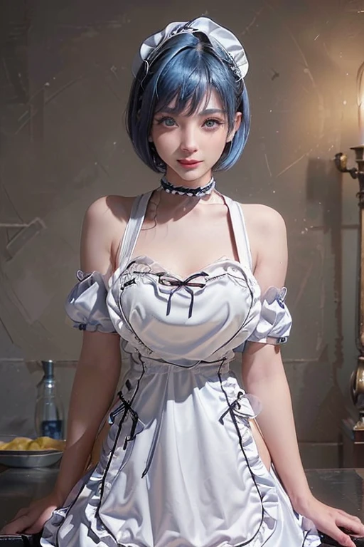 ((((masterpiece, best quality, high resolution)))), Extremely detailed 8K, Beautiful girl with voluptuous body, (Ultra HD, Ultra-detailed, Highly detailed, Highly realistic, Ultra-realistic, photograph realistic), (1girl:1.5), (Realistic blue hair), (short wavy hair, hair ornaments, earrings), (dynamic poses), facing at camera, looking at viewer, (blushing red, embarrassed, smile), (blue eyes, sharp eyes), (big perky breasts:1.2), (beautiful detailed face, beautiful detailed eyes), ((maid outfit, maid apron, cat ears headband)), (detail pussy), (standing up), sweat, glow, (sunbeam, sunlight), ((cowboy shot)), coffee shop, seductive
