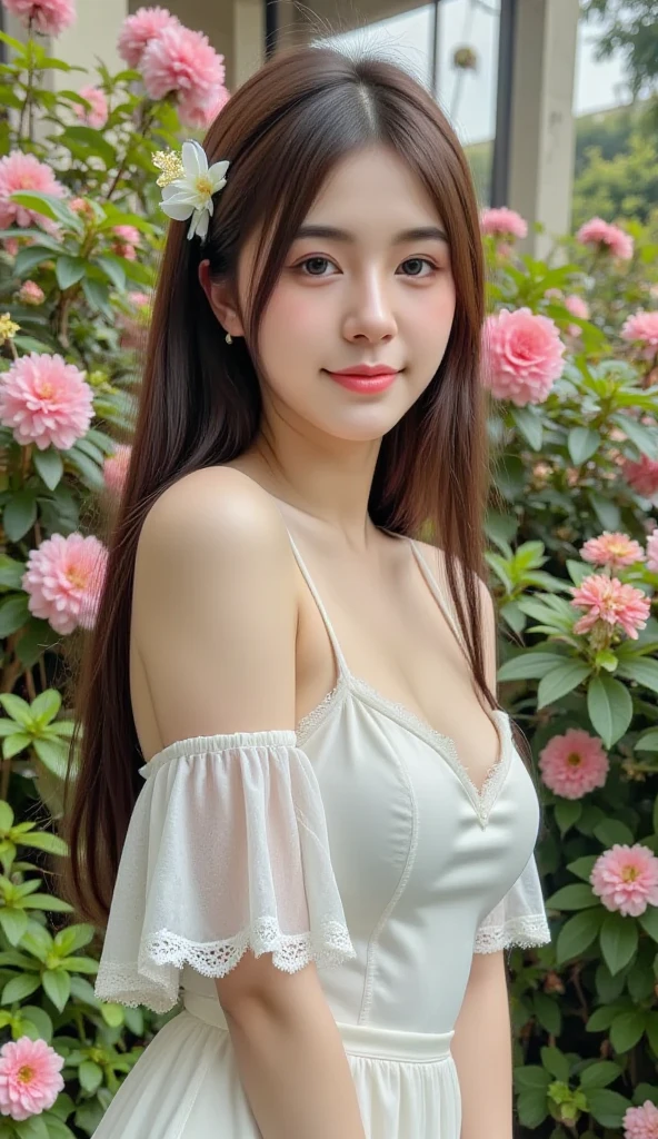 ((best qualtiy, 8K, tmasterpiece:1.3)),Focus:1.2, female high-school student,Drive a motorcycle,Perfect S-Shaped Body,(A look of determination)(adolable),delicated face,Long hair waist-length,long hair flowing,Tilt your head,ssmile,Hair details,Delicate Full Body Portrayal,Delicate depiction of the face,Best picture quality,A high resolution,Detailed background,Delicate portrayal,exquisitedetails,Rich in detail,Facial strengthening,(shift dresses),with blue sky and white clouds,Sitting Among the Flowers,wooden cabin,