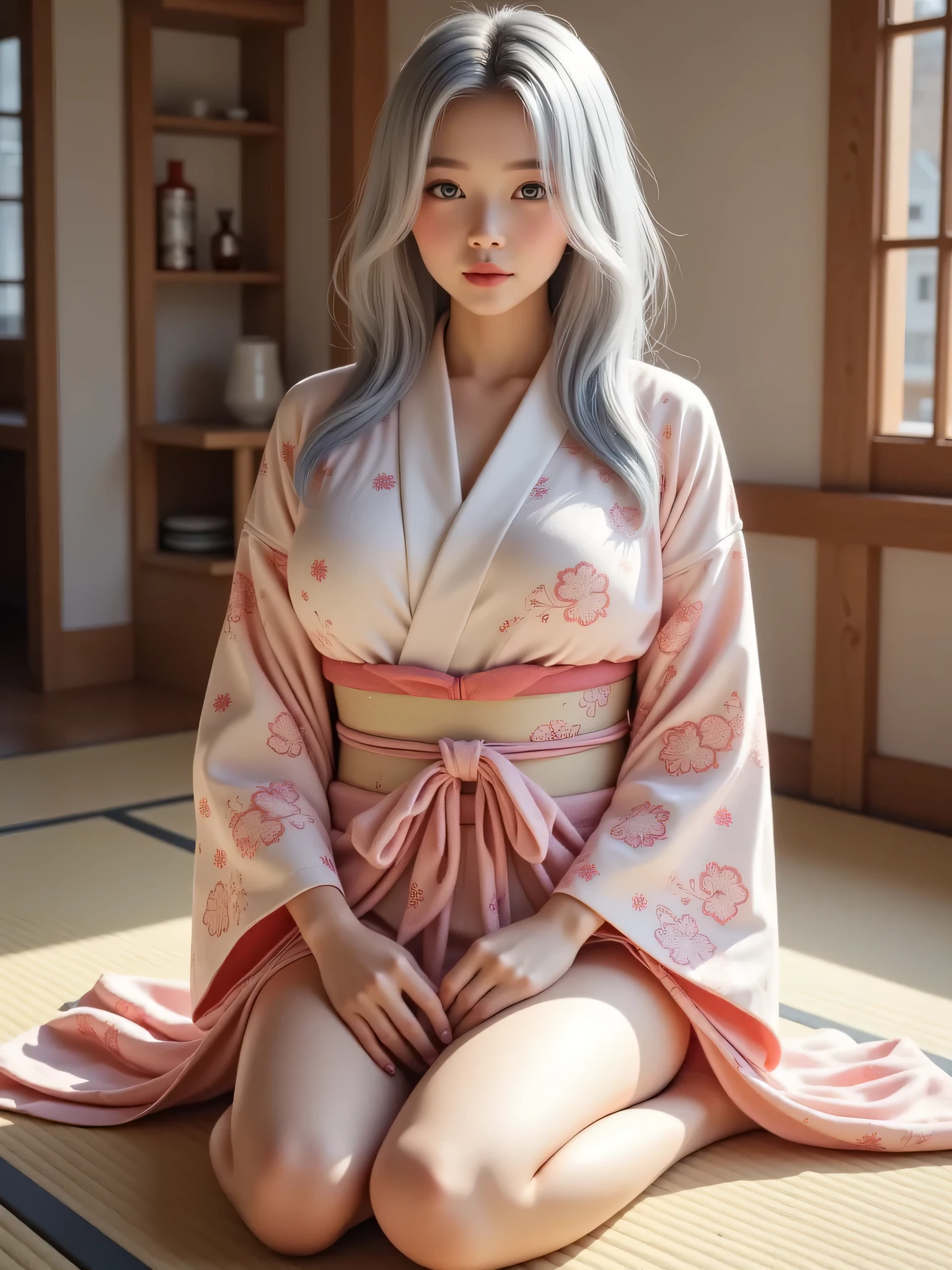 nsfw、high resolution, masterpiece, is anatomically correct, Best Quality, ((textured skin 1.2)), 8k Octane, 1 girl,((Whole body 1.5))、(Thin legs 1.mall hips 1.3))、
long hair, Silver Hair, blue eyes、(Small Mouth)、((Xiaoyan))、
slim、((Big Breasts 1.5))、((Tight waist 1.5))、and the chest is wide open、
((The color of the thing I'm wearing is white and pink {x} sitting on tatami mat in a Japanese ryokan 1.3))、((Japanese yukata 1.ou can see all the way to the ceiling、((The space above my head is empty))、((JapaneseKimono ))、
((sitting sideways 1.5))、((1.5))、
wearing a yukata in a Japanese kimono 1、((Open Your Mouth Slightly))、((heavy makeup,))、((1.2))、