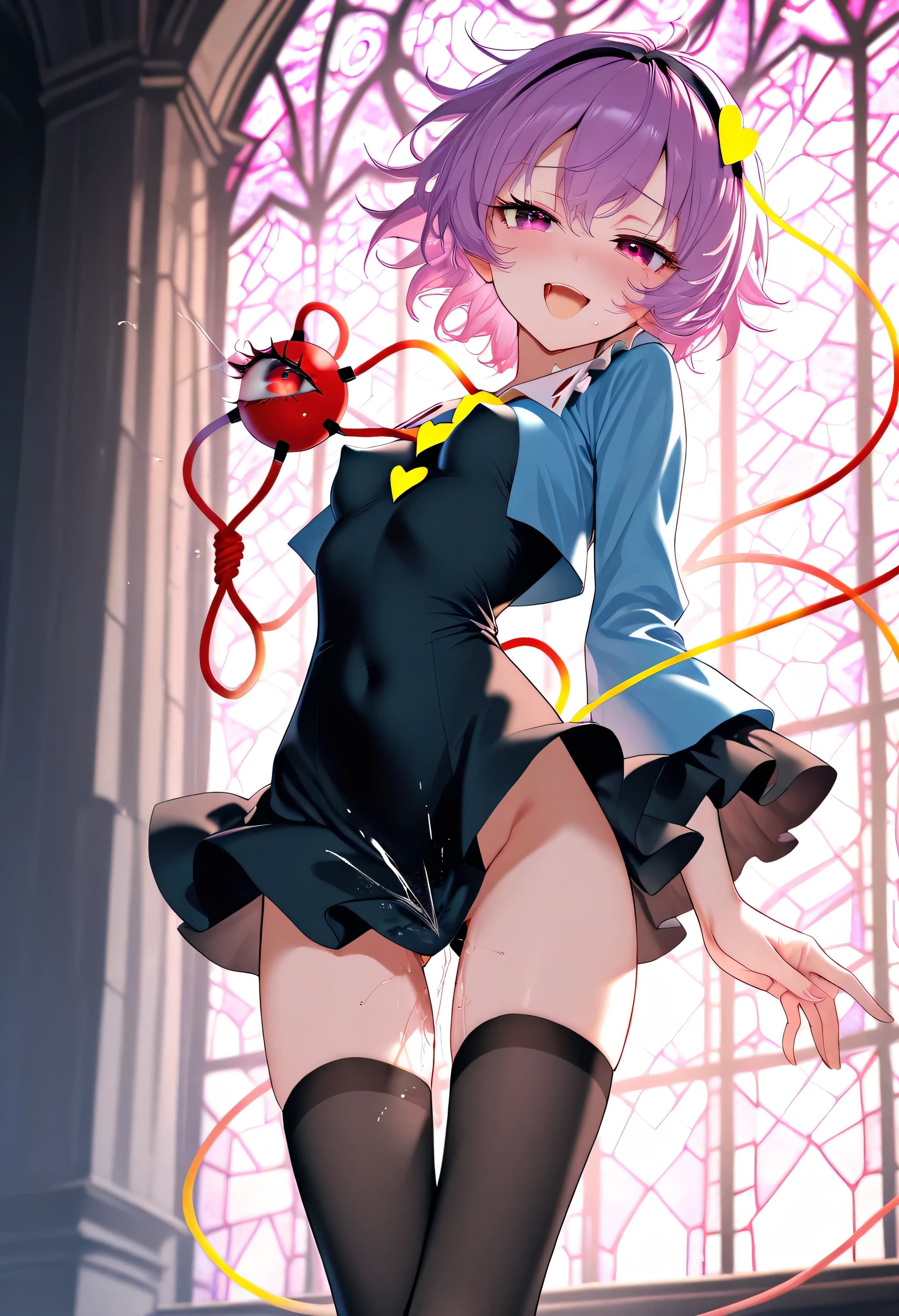 (score_9), komeiji_satori, longlegs_v0.22_pony, solo, (1 skinny girl standing), (petite small girl), BREAK, (cropped coat:1.2), (black short dress:1.2), (thigh gap), (groin:1.2), black thighhighs, stiletto heels, BREAK, looking at viewer, {smile:0.2}, {open mouth:0.2}, (bouncing unaligned breasts:1.1), arched back, BREAK, (too short torso:1.2), (too narrow waist:1.2), (too short waist:1.2), (covered large nipples), (orgasm), pussy juice, BREAK, stained glass