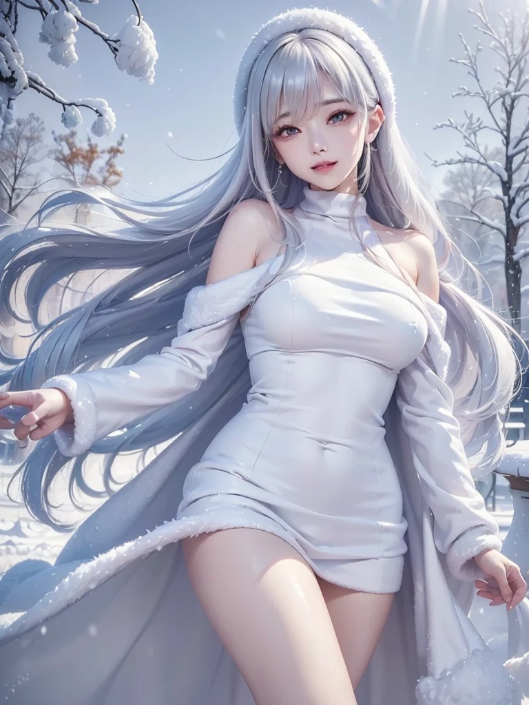((masterpiece:1.5、8k、Portraiture、フォトリアリスティックでVery detailedなCG、Very detailed、Particle Effects、Dynamic Effects、Shallow depth of field、Cinematic Light、Lens flare、Ray Tracing、Tabletop、Realistic:1.4、Ultra-high resolution:1.2、Realistic、Realistic))((alone、,オフショルダーのドレスの上にカシミアのcoatを着た女性:1.4、wear a long scarf、White belt、coat、Elegant woman posing、Detailed face、bright表情、young, bright, Whiter skin、small breasts、cleavage, Best Looks、Ultimate beauty、Shiny silver hair with highlights、bright and shiny hair,、Super long, Silky straight hair、Hair dancing in the wind))(morning、outdoors, winter, snow falling)
