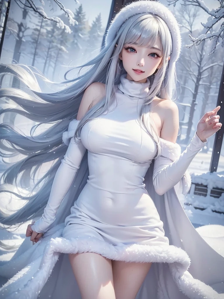 ((Top Quality)), ((Best Retail)), (High level of detail: 1.3), (8k, RAW photos, top quality, masterpiece: 1.2), (realistic, photorealistic: 1.37), (Ultra realistic), (High Details), (Face detail), (Shadow Detail), ((huge breasts: 1.9)), 1 korea girl, (20yo), white hair, long hair, white eye lens, white crown, white shirt, background snow, snow