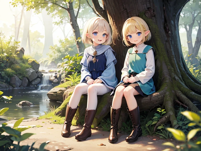 Perfect Biology、masterpiece, taller than,Very detailed, Absurd, witch, 8-year-old, girl, alone, Blonde, Long Hair, blue eyes, Blue Boots, Long sleeve,Have,in the forest, smile,White Pantyhose
