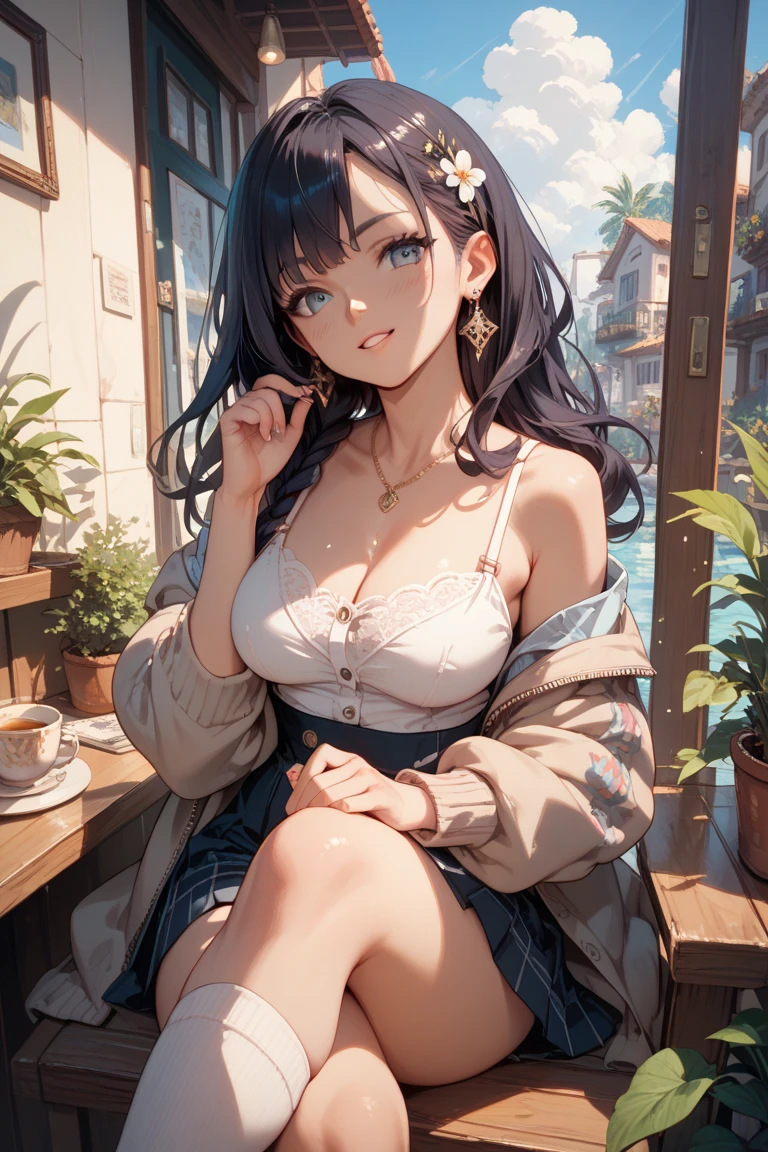 Generate a detailed, high-quality, 8k image of Hinata Hyuga from Naruto Shippuden, showcasing her full appearance and a modern, fashionable outfit suitable for contemporary settings. Start by emphasizing Hinata's soft lavender hair, styled in loose waves that frame her face delicately. Her eyes should be a captivating shade of pale lavender, expressing her gentle yet determined spirit with intricate detail. Hinata's complexion should be fair, with a subtle flush of pink on her cheeks adding to her overall charm. For her modern outfit, envision a trendy yet chic ensemble that reflects Hinata's personal style. Opt for a fitted denim jacket with distressed detailing, layered over a soft pastel-colored camisole. Pair this with high-waisted skinny jeans in a light wash, accentuating her slender figure and elongating her legs. Accessorize the outfit with a delicate pendant necklace and a stack of minimalist bracelets for a touch of sophistication. Choose footwear that balances style and comfort, such as white sneakers or ankle boots with a subtle heel. To complete the look, style Hinata's hair in a loose braid or a half-up, half-down hairstyle, adding a modern twist with a hair scarf or scrunchie. Keep her makeup natural and fresh, with rosy cheeks, glossy lips, and a subtle smoky eye to enhance her lavender gaze. Capture Hinata in a confident yet relaxed pose, exuding warmth and elegance in her modern attire. Pay meticulous attention to detail in rendering her outfit and features, ensuring a highly realistic portrayal. Deliver a final image of the highest quality, showcasing Hinata Hyuga in her contemporary, fashion-forward ensemble.
