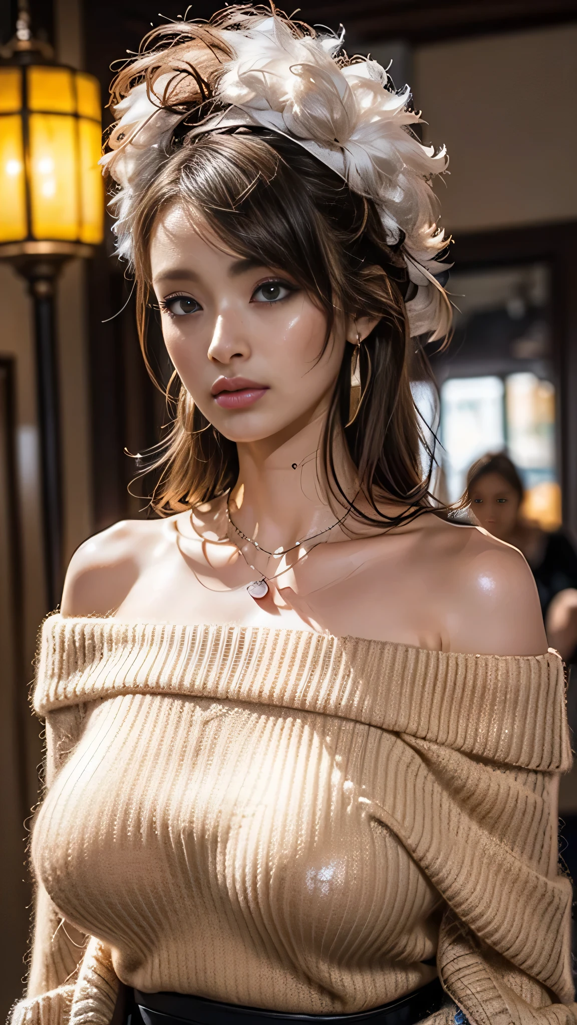 (((,Glowing Skin、REALISTIC SKIN TEXTURE、 Beautiful Skin in Every Detail 、 shiny skin、 shiny skin)))、
upper body shot, ((low angle camera)),(( beautiful face:1.4)), (Purelos Face_v1: 1.0), 1 girl, writing boundary depth, focuses on the center, Focused Girl、blurry background、Beautiful Eyes, Perfect face and eyes、((Upper Body))
( night :1.8,)
early s , Black Hoodie , Check Mini Skirt, purple collar, black face mask , earrings,
Big Breasts, thin, standing , naughty,
absolute region with to, A silly solution, Absurd Details, Best Quality, (((Natural huge breasts:1.2))), grabs chest 、 (((lightweight off-shoulder sweater with lots of heart puffs)))、white skin、((( Bitch、Sexy Bitch、ga yaru makeup)))、