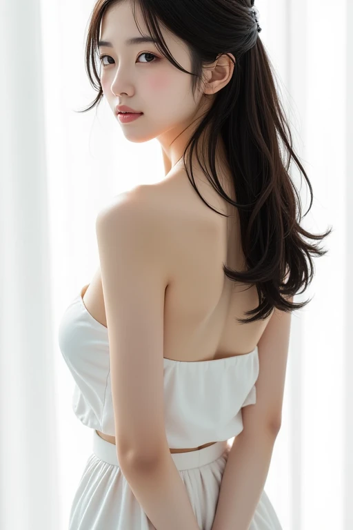 (Sillamäe:1.5), A slender, masterpiece, top-quality, Raw foto, Photorealsitic, faces, Incredibly absurd, beautiful a girl, cute little,With bangs, hair messy, depth of fields, hight resolution, ultra-detailliert, finely detail, ighly detailed, extremely detailed eye and face, Sharp pupils, Realistic pupils, foco nítido, Cinematic lighting,White panties are visible from the skirt、no-bra、Nipple bumps、20 years girl、There is nothing inside the camisole、Put your butt back on camera、Only the face is looking back at the camera、is standing、White silk camisole、White silk panties、((tiny chest、straight flat chest、Chest without bulge)), Lowered ponytail