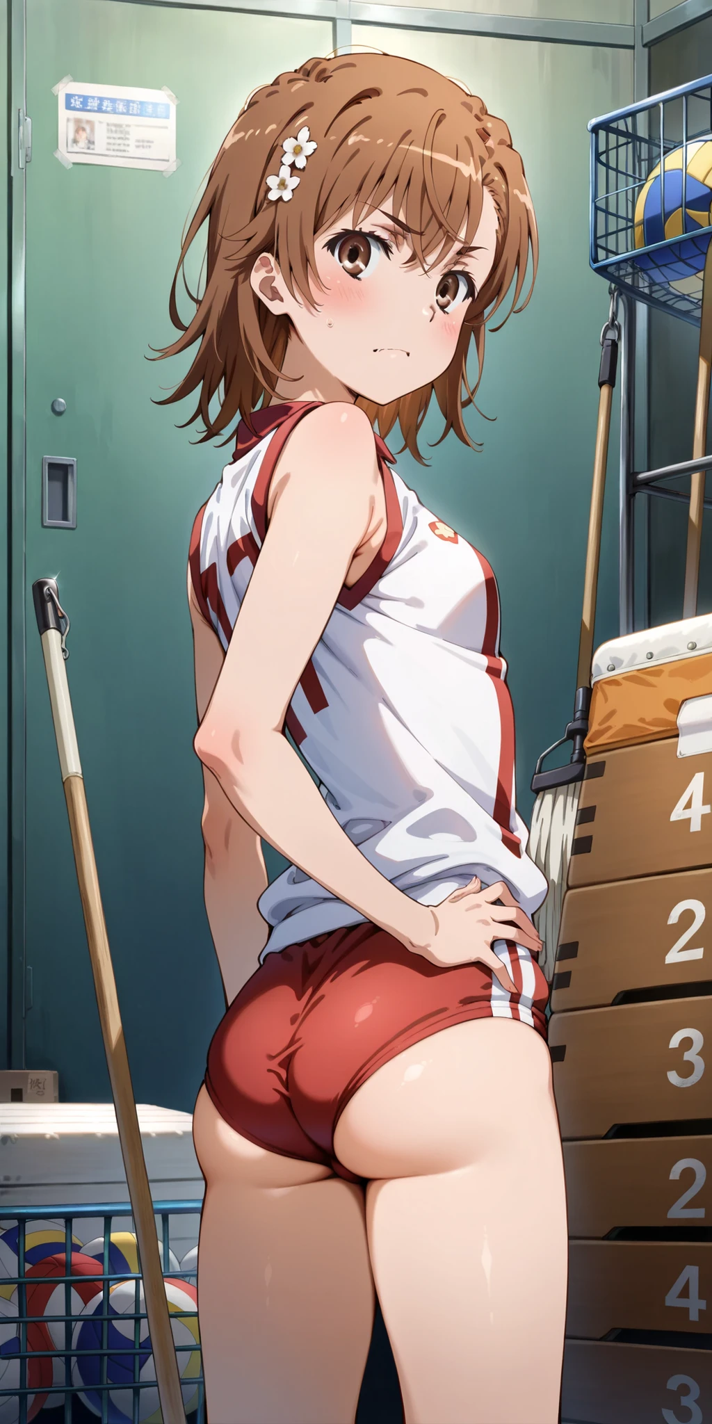 high resolution, best quality, amaging quality, Misaka Mikoto( tooru majutsu no index),Volleyball uniform、Sleeveless clothing、(red buruma):1.2、cowboy shot、in Physical education storeroom, ball cage, vaulting box, mop stand、looking back、ass、