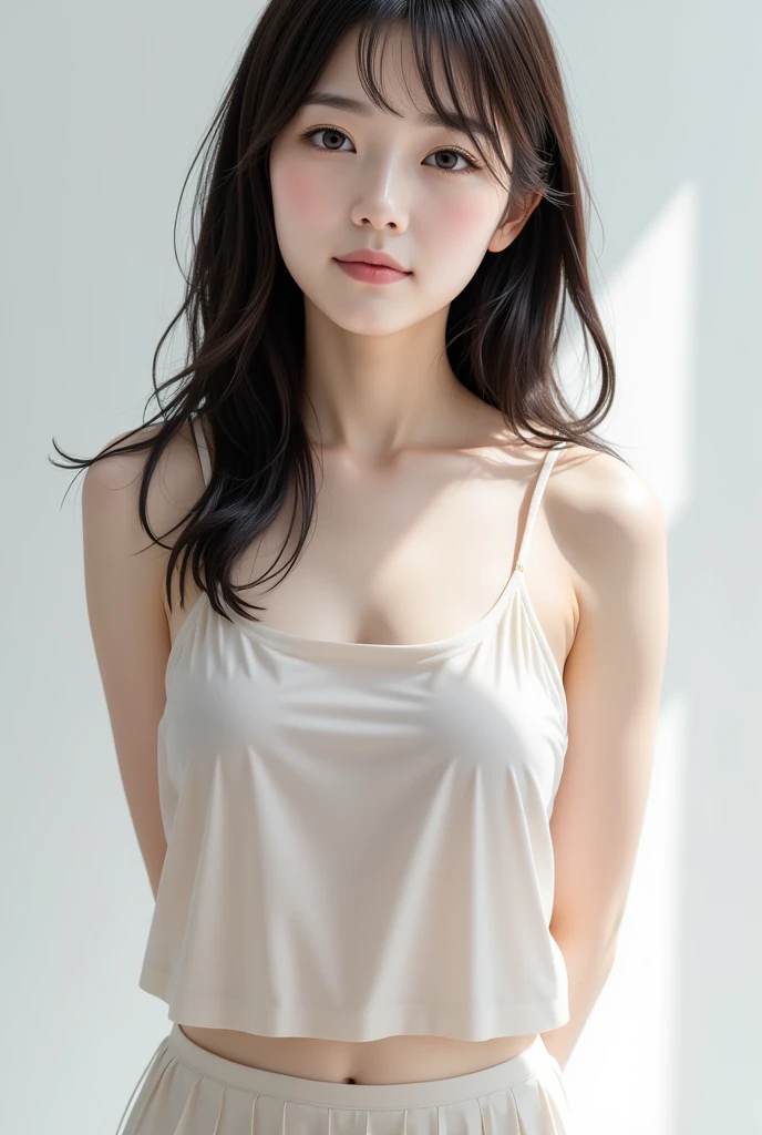 masutepiece, Best Quality, RAW Photos, Photorealistic, Face, Incredibly ridiculous, a beauty girl, 18 year old beautiful girl、Cute, Neat and clean schoolgirl、Long hair, depth of fields, High resolution, Ultra Detail, detail, Very detailed, Very detailed eyes and face, Sharp pupils, Realistic pupils, Sharp Focus, Cinematic lighting, Flat breasts, Small breasts, Small,(Petite bust: 1.2), cutting board bust, (slim, Small, Flat, Small), slender, Delicate and sexy collarbone、(Show the navel)、 (((Wearing a deep V-neck knit slip dress))), ((sideboob barbosa,flat chest,Bare waist,cleavage:1.3), Emphasis on waki