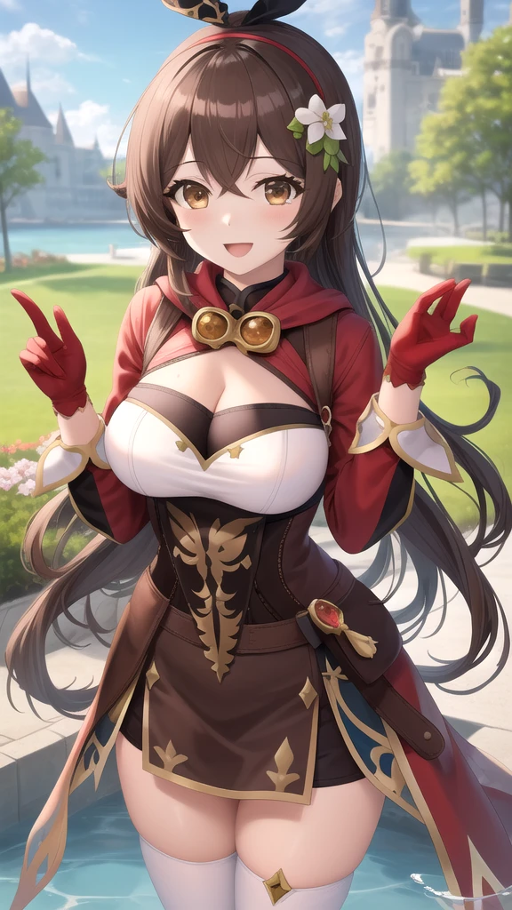 <lora:amberGenshinImpact_strictV1:1>

1girl,
masterpiece, best quality, dramatic lighting, absurdres, looking at viewer, solo, playful, (smile:0.9), happy, goggles on head, stunningly attractive amber \(genshin impact\), cute, upper body, detailed face, brown eyes, brown hair, long hair, red hair ribbon, brown short shorts, leather gloves, pouch, thighhighs, white boots, hourglass figure, medium breasts, cleavage cutout, shrug \(clothing\) full body, (epic:1.2), dynamic pose, overgrown ancient ruins, sunset, brown shorts

(excellent hands fingers thumbs:1.16),

 <lora:mda700white_v10:0.85>