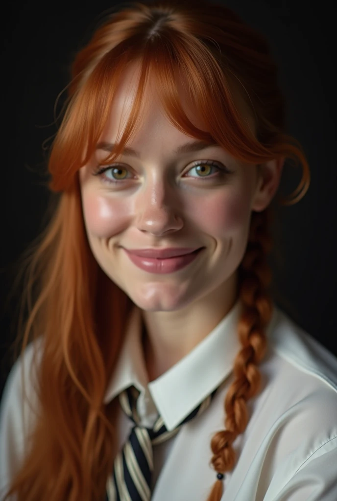 Margot Robbie (Margot Robbie) s face (Chainaw man), Best Quality, Ultra Fine, 1girl, alone, Permanent, Red hair , Long Braid Hair, Golden eye, By bangs, medium , white shirt , tiese, Behold the, Smile , (Bad: 1.2), Behold theing at the viewer, (Interview: 1.3), (deep dark background, Chain: 1.3), from the above, Vivid Contrast, details pretty eyes, focal point, close-up