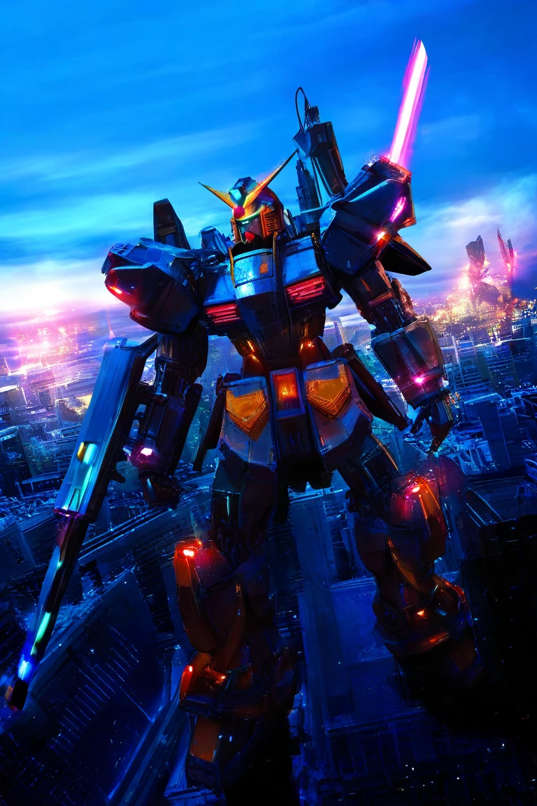 Color Gundam mecha,Huge Robotic Warrior,Metal housing, glowing eyes ,weapons and equipment,Complex mechanical structure,Huge size,Standing in the City of the Future of Technology,Bright light,Sky clouds,High Definition 4K Ultra Detailed,Realistic and realistic,Professional-grade rendering,HDR high dynamic range,Physically Based Coloring,extreme hight detail,colorful,brilliant colorful