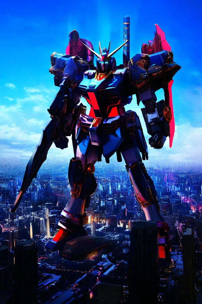 Color Gundam mecha,Huge Robotic Warrior,Metal housing, glowing eyes ,weapons and equipment,Complex mechanical structure,Huge size,Standing in the City of the Future of Technology,Bright light,Sky clouds,High Definition 4K Ultra Detailed,Realistic and realistic,Professional-grade rendering,HDR high dynamic range,Physically Based Coloring,extreme hight detail,colorful,brilliant colorful