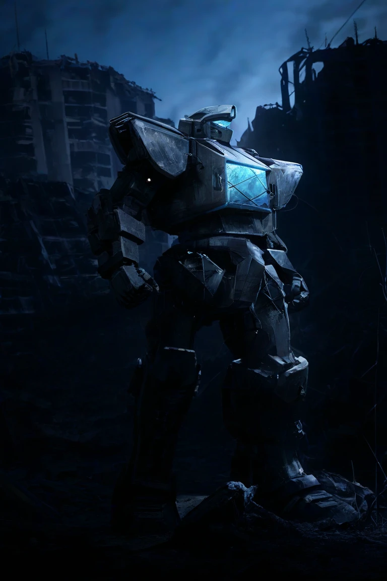 giant mecha,Highly detailed and realistic 3D rendering,The main body is wearing silver gray armor,showing strong momentum,and stands in the ruins of a city full of technology,emits blue energy from behind,The metallic armor reflects the light,The ruins environment,Dark weather,professional concept art,Cinematic texture,Ultra High Resolution,Super Detailed,realistic photo-like effects,is shocking and dynamic,Movie poster texture
