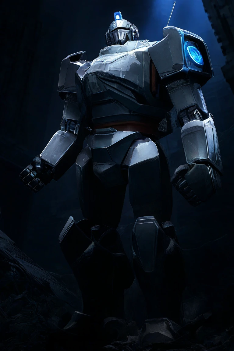 giant mecha,Highly detailed and realistic 3D rendering,The main body is wearing silver gray armor,showing strong momentum,and stands in the ruins of a city full of technology,emits blue energy from behind,The metallic armor reflects the light,The ruins environment,Dark weather,professional concept art,Cinematic texture,Ultra High Resolution,Super Detailed,realistic photo-like effects,is shocking and dynamic, poster texture